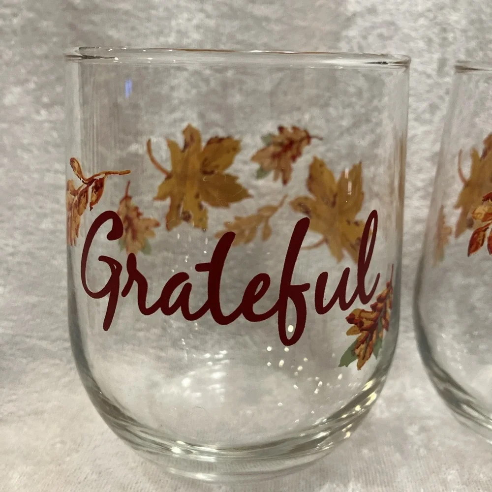 Thanksgiving Fall Leaves Stemless Wine Water Glasses GRATEFUL Table Barware (4)